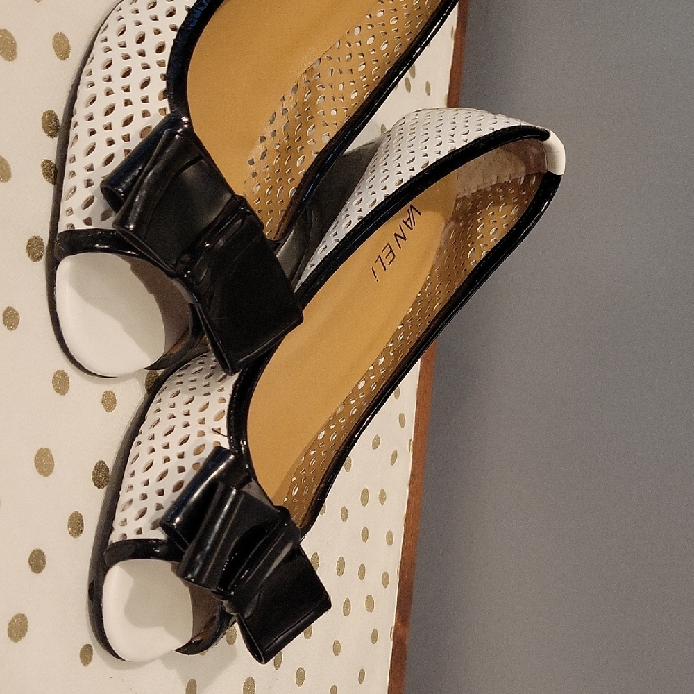 Vaneli Black and White Peep-Toe Flats